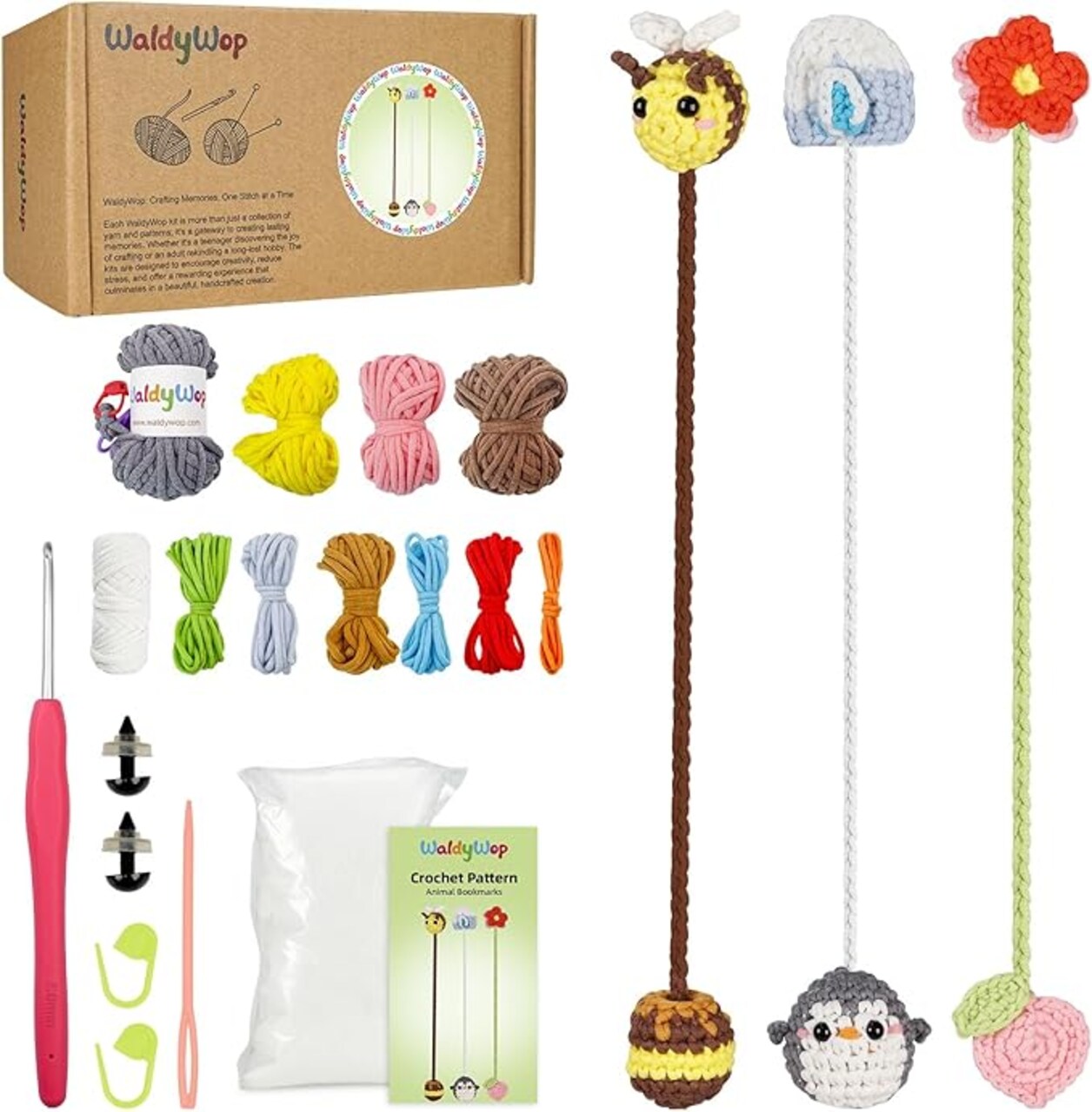 Crochet Kit for Beginners: 3 Animal & Flower Bookmarks Knitting Kits for Starter w/Easy Yarn, Crochet Hook&Easy Video Tutorials-Wobbles Crochet Animal Kit for Adults, Birthday Gifts for Women